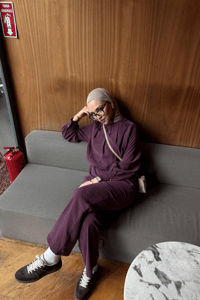 Hakim Yaka Balon Bel Volanlı Slimfit Tencele Takım Mürdüm