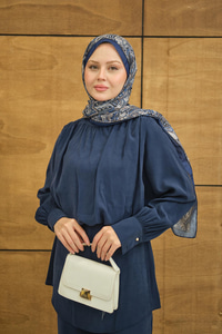 Hakim Yaka Balon Bel Volanlı Slimfit Tencele Takım Lacivert