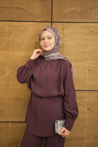 Hakim Yaka Balon Bel Volanlı Slimfit Tencele Takım Mürdüm