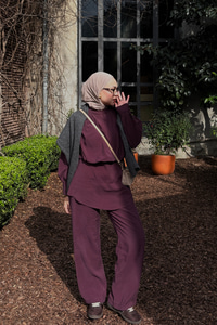 Hakim Yaka Balon Bel Volanlı Slimfit Tencele Takım Mürdüm