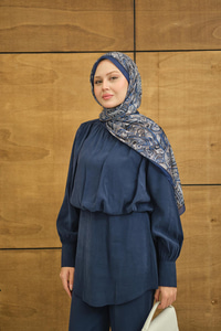 Hakim Yaka Balon Bel Volanlı Slimfit Tencele Takım Lacivert