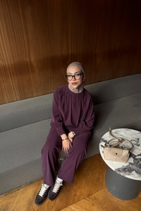 Hakim Yaka Balon Bel Volanlı Slimfit Tencele Takım Mürdüm