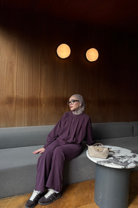 Hakim Yaka Balon Bel Volanlı Slimfit Tencele Takım Mürdüm