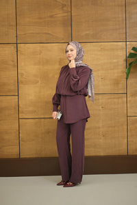 Hakim Yaka Balon Bel Volanlı Slimfit Tencele Takım Mürdüm