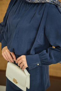 Hakim Yaka Balon Bel Volanlı Slimfit Tencele Takım Lacivert