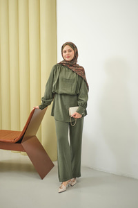 Hakim Yaka Balon Bel Volanlı Slimfit Tencele Takım Yeşil