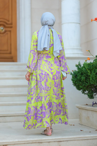 Hakim Yaka Kemerli Elbise Mor-Yeşil