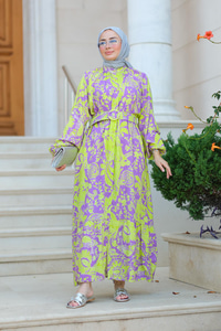 Hakim Yaka Kemerli Elbise Mor-Yeşil