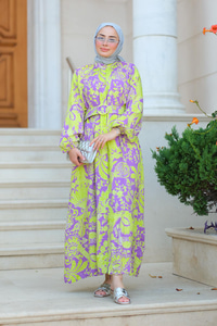 Hakim Yaka Kemerli Elbise Mor-Yeşil