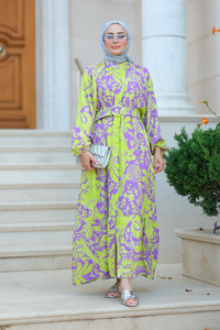 Hakim Yaka Kemerli Elbise Mor-Yeşil