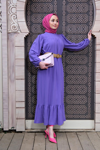 HASIR KEMER DETAYLI ELBISE MOR