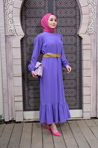 HASIR KEMER DETAYLI ELBISE MOR