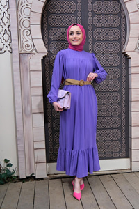 HASIR KEMER DETAYLI ELBISE MOR