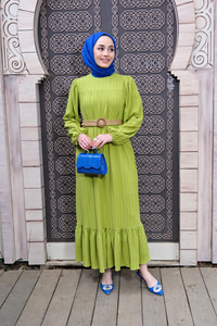 HASIR KEMER DETAYLI ELBISE YAG YESIL