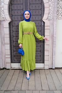 HASIR KEMER DETAYLI ELBISE YAG YESIL