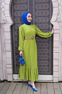 HASIR KEMER DETAYLI ELBISE YAG YESIL