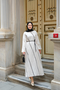 Hasır Kemerli Elbise Krem