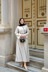 Hasır Kemerli Elbise Krem