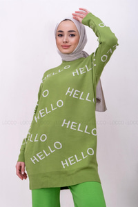 Uygun Fiyatlı HELLO BASKILI TRIKO TUNIK FISTIK YESIL | Loccomoda.com 