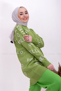 Uygun Fiyatlı HELLO BASKILI TRIKO TUNIK FISTIK YESIL | Loccomoda.com 