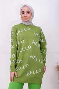 Uygun Fiyatlı HELLO BASKILI TRIKO TUNIK FISTIK YESIL | Loccomoda.com 