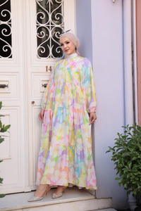 Huzurlu Pastel Desen Elbise Sarı