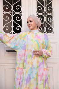 Huzurlu Pastel Desen Elbise Sarı