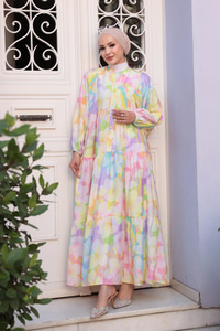 Huzurlu Pastel Desen Elbise Sarı