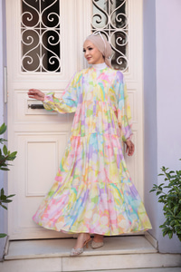 Huzurlu Pastel Desen Elbise Sarı