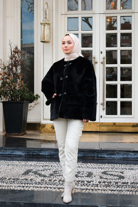 İçi Deri Dışı Peluş Cepli Kaban Siyah