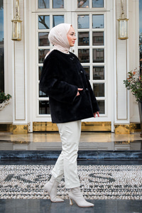 İçi Deri Dışı Peluş Cepli Kaban Siyah