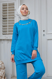 İki İplik Kolye Detay İkili Takım Mavi