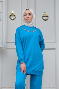 İki İplik Kolye Detay İkili Takım Mavi