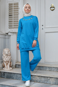 İki İplik Kolye Detay İkili Takım Mavi