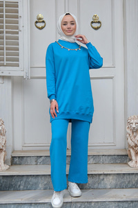 İki İplik Kolye Detay İkili Takım Mavi