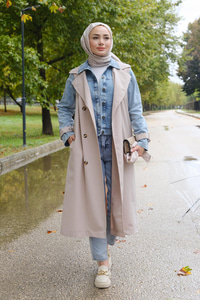 İki Parça Bel Bağlamalı Kot Trenç Krem