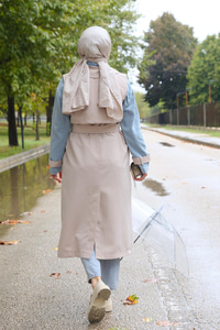 İki Parça Bel Bağlamalı Kot Trenç Krem