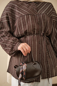 İnce Çizgi Desen Bel Bağlamalı Gömlek Acı Kahve