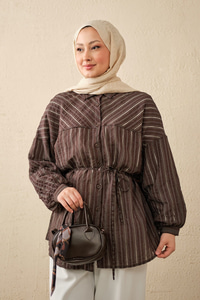 İnce Çizgi Desen Bel Bağlamalı Gömlek Acı Kahve