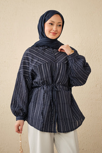 İnce Çizgi Desen Bel Bağlamalı Gömlek Lacivert