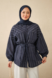 İnce Çizgi Desen Bel Bağlamalı Gömlek Lacivert