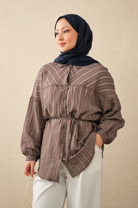 İnce Çizgi Desen Bel Bağlamalı Gömlek Açık Kahve