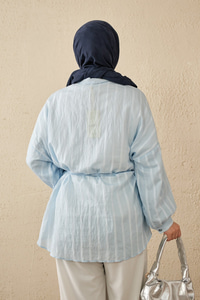 İnce Çizgi Desen Bel Bağlamalı Gömlek Bebe Mavi