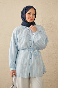 İnce Çizgi Desen Bel Bağlamalı Gömlek Bebe Mavi