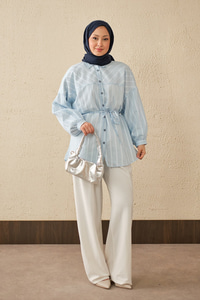 İnce Çizgi Desen Bel Bağlamalı Gömlek Bebe Mavi