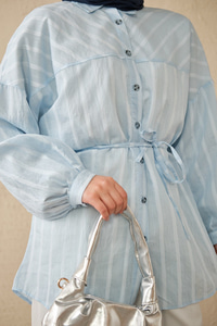 İnce Çizgi Desen Bel Bağlamalı Gömlek Bebe Mavi