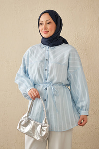 İnce Çizgi Desen Bel Bağlamalı Gömlek Bebe Mavi