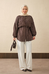İnce Çizgi Desen Bel Bağlamalı Gömlek Acı Kahve