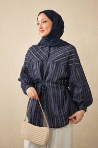 İnce Çizgi Desen Bel Bağlamalı Gömlek Lacivert