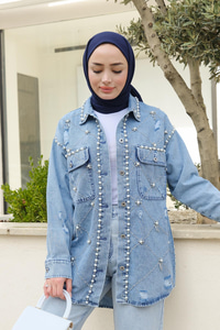 İnci Detay Kot Gömlek Buz Mavi